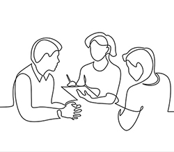 Continuous one line drawing. Employees discuss about work ideas. Vector illustration